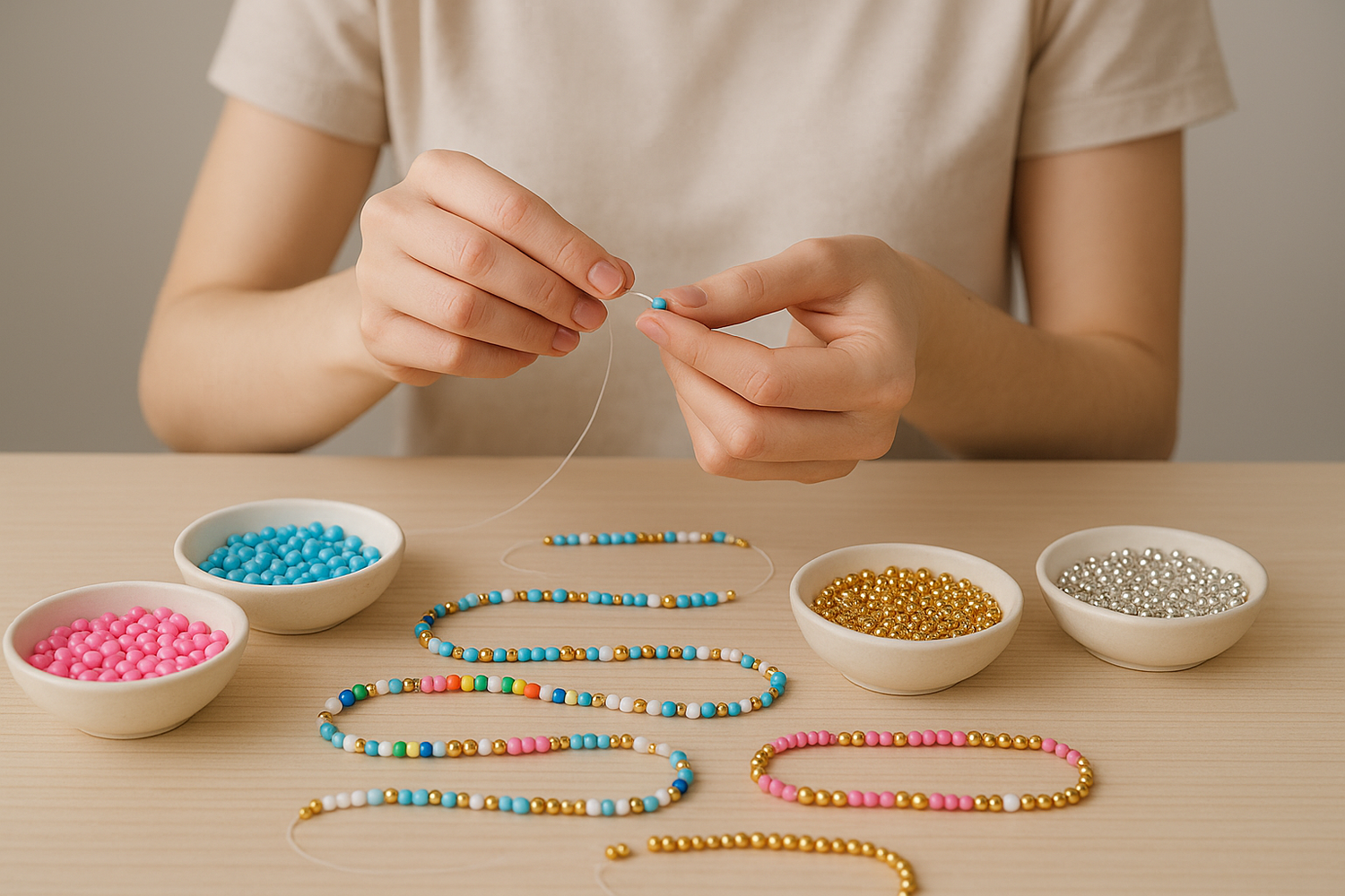 have the beads in organized bowls. and the camera a little further away from the subject